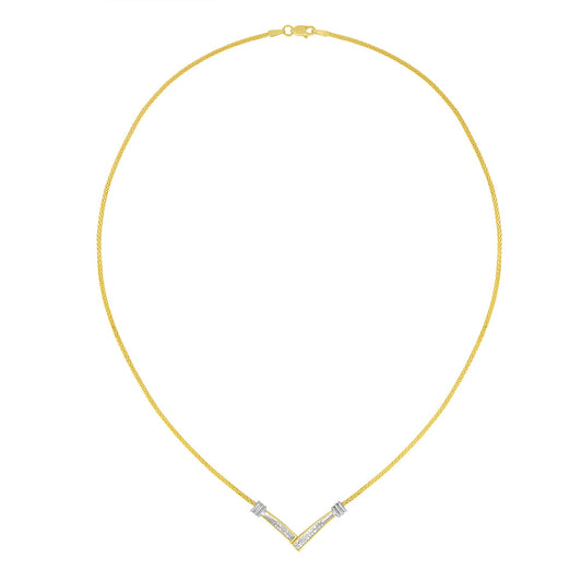 Front view of a necklace with a V-shaped pendant featuring channel-set white princess shape gemstones, on a yellow metal chain.