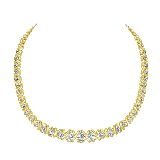 Front-facing shot of a yellow necklace with an X-link design interspersed with clusters of round white gemstones in pave setting.