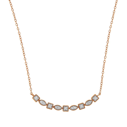Front-facing shot of a rose metal necklace with alternating square and marquise shaped settings, each set with small white gemstones in pave style.