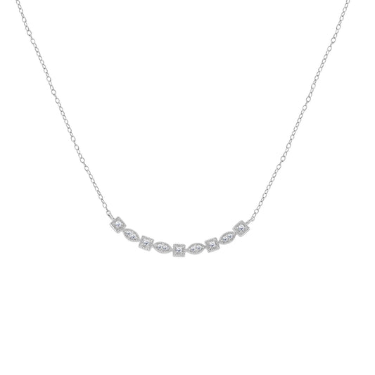 White metal necklace with alternating round and marquise-shaped white gemstones in a horizontal row, shown from a front angle on a white background.