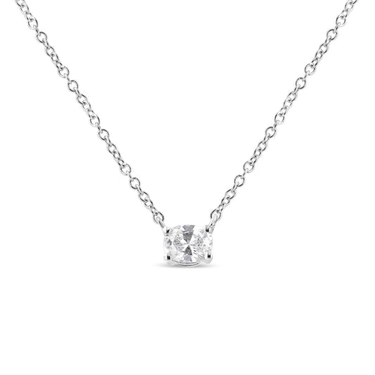 Front view of a white metal necklace with a single oval-shaped white gemstone in a four-prong setting.