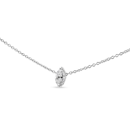 Front angle view of a white metal necklace featuring a single marquise-shaped white gemstone set with 3 prongs.