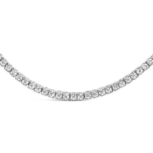 Close-up front angle of a white necklace featuring round shaped white gemstones in prong settings arranged in a single row.