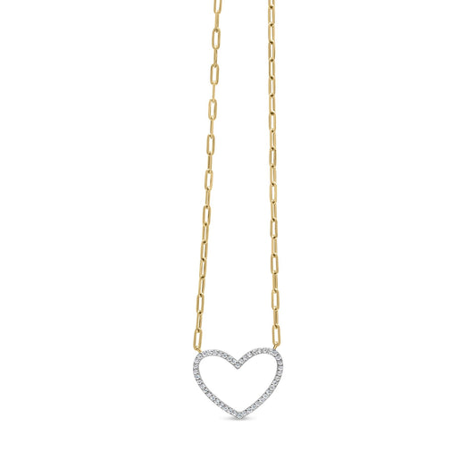 Front-facing view of a yellow necklace with a heart-shaped pendant outlined with round white gemstones in prong settings.