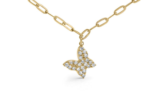 Close-up front view of a yellow metal necklace with a butterfly-shaped pendant adorned with round white gemstones in prong settings.