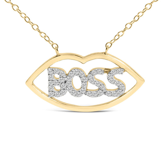 Close-up front view of a necklace pendant shaped like an eye outline in yellow metal with the word 'BOSS' in white metal covered in round white gemstones in prong settings, shown on a white background.