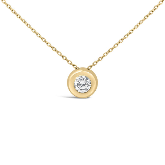 Close-up front view of a yellow necklace with a round white gemstone in a bezel setting shown on a white background.