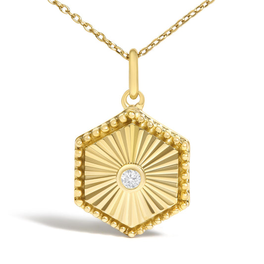 10K Yellow Gold Diamond Accent Hexagonal Fluted Medallion Pendant Necklace