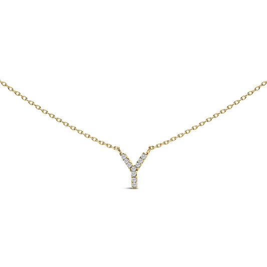 Close-up front view of a yellow metal necklace with a Y-shaped pendant featuring white round gemstones in a micro-pave setting, shown on a white background.