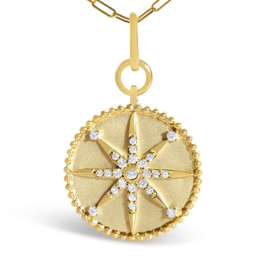 14K Yellow Gold 1/4 Cttw Diamond Compass Medallion Pendant Necklace