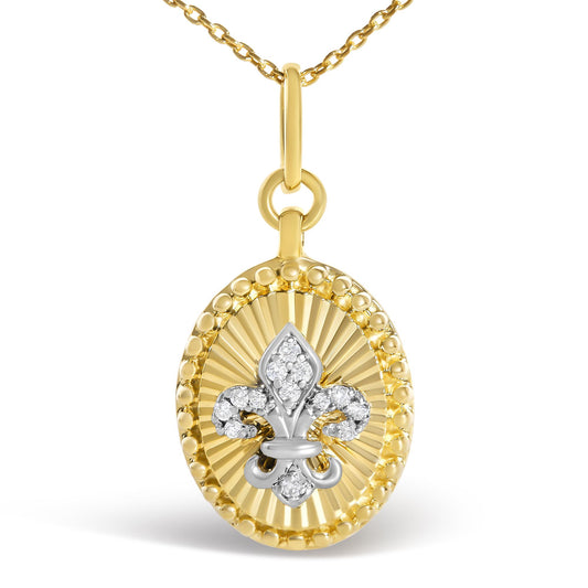 Front view of 10K yellow gold Fleur de Lis fluted medallion pendant necklace with diamond accents on white background