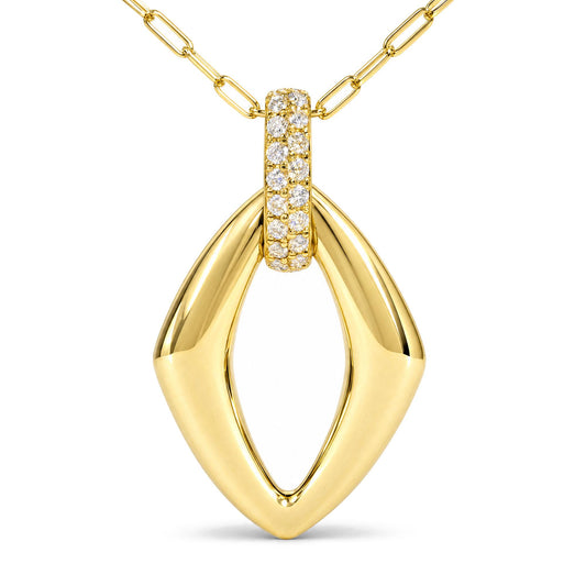 Close-up front view of a yellow necklace with a curved diamond-shaped pendant. The pendant features a vertical bar encrusted with round white gemstones in prong settings. The necklace chain consists of elongated links.