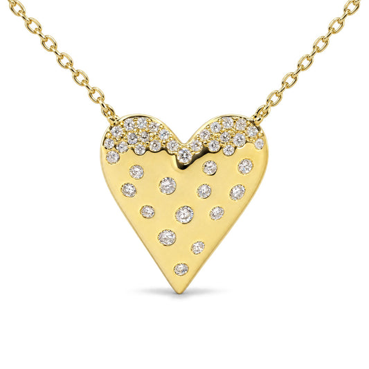 Close-up front view of a yellow heart-shaped necklace pendant adorned with round white gemstones in pave settings, attached to a yellow chain.