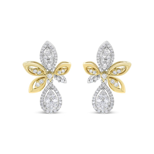 Front view of a pair of earrings with yellow and white metal in a floral design featuring multiple white gemstones in pave settings.