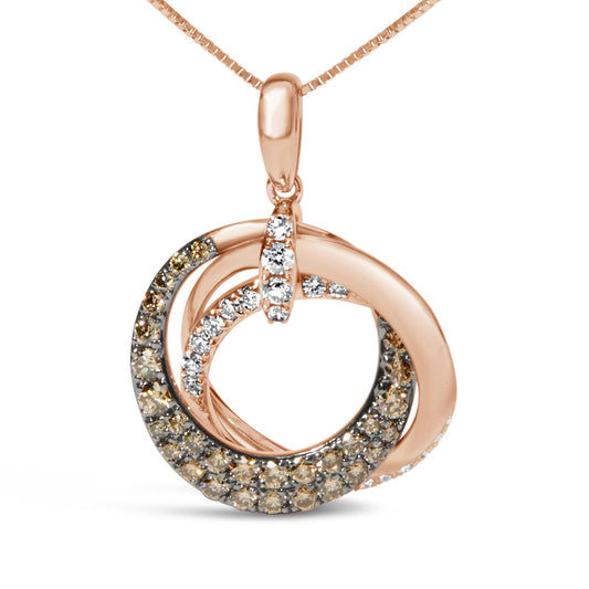 Front angled view of a rose-colored necklace pendant featuring intertwined loops adorned with white and brown round pave-set gemstones.