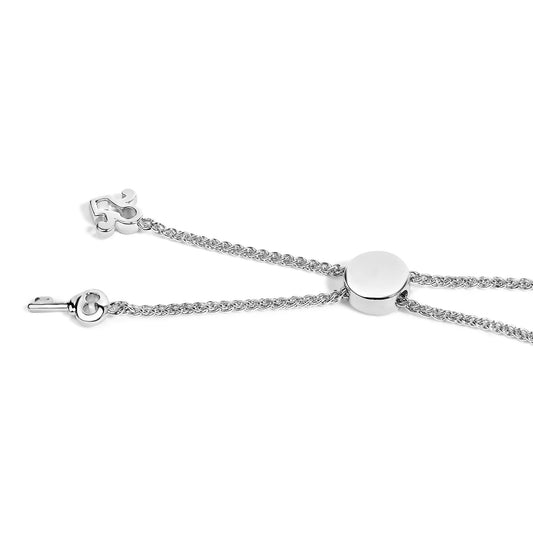 Close-up front angle of a white metal bracelet with a round adjustable slider and a braided chain design, shown laid flat.