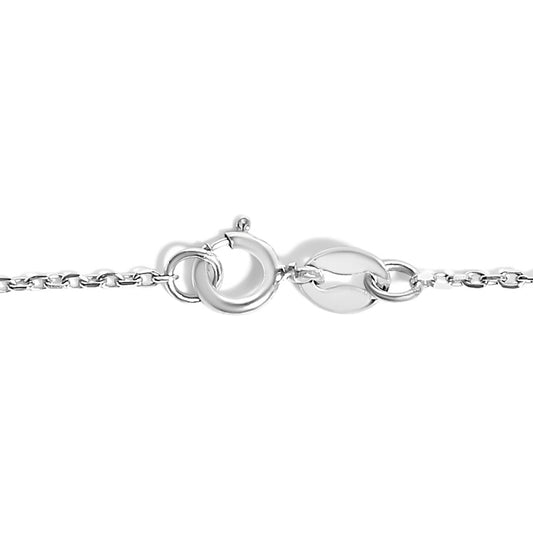 Close-up front view of a white metal bracelet chain with a round clasp closure against a white background.
