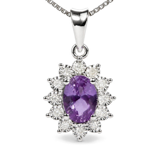 Close-up front view of a white necklace pendant featuring a large oval purple gemstone surrounded by round white gemstones in a floral design. The pendant is attached to a box chain.