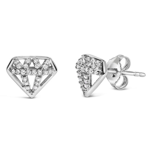 Close-up front and side angled view of white metal stud earrings shaped like a diamond outline, adorned with white round prong-set gemstones.
