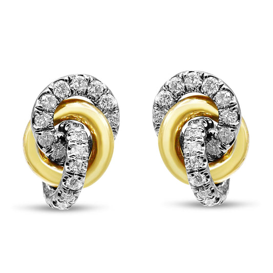 Front view of a pair of yellow and white metal earrings with intertwined circular shapes, accented with round white gemstones in shared prong settings.