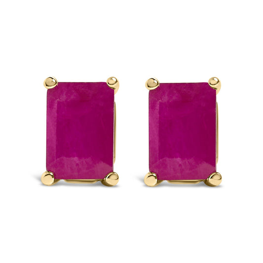 Pair of yellow metal earrings with rectangular red gemstones in 4-prong settings, shown from the front on a white background.