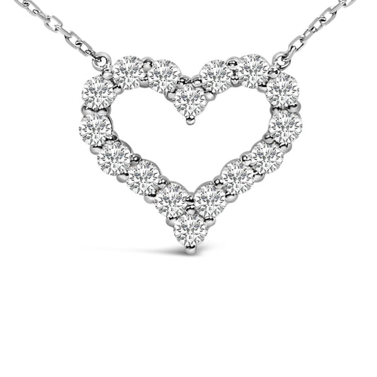 Close-up front view of a white necklace featuring a heart-shaped pendant made of round white gemstones in a shared prong setting.