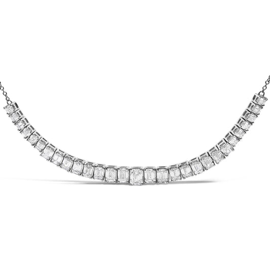 Close-up front view of a white necklace featuring a row of rectangular emerald-shaped white gemstones with four-prong settings.