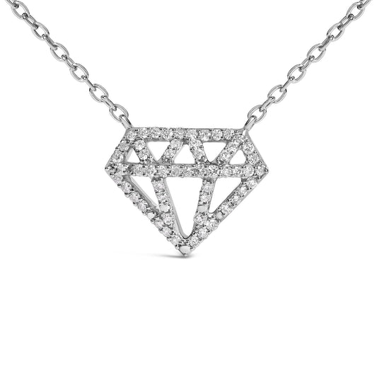 Close-up front view of a white metal necklace with a diamond-shaped pendant outlined and detailed with round white gemstones in prong settings.