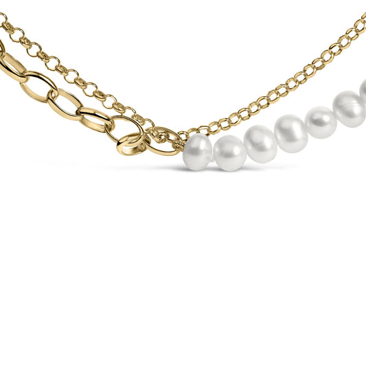 18K Yellow Gold Vermeil Cultured Pearl Strand Necklace with Rolo and Paperclip Chain