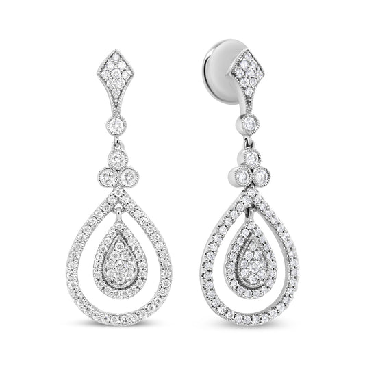 Front-facing view of white metal drop earrings with multiple round white gemstones in bezel and prong settings forming a teardrop shape.