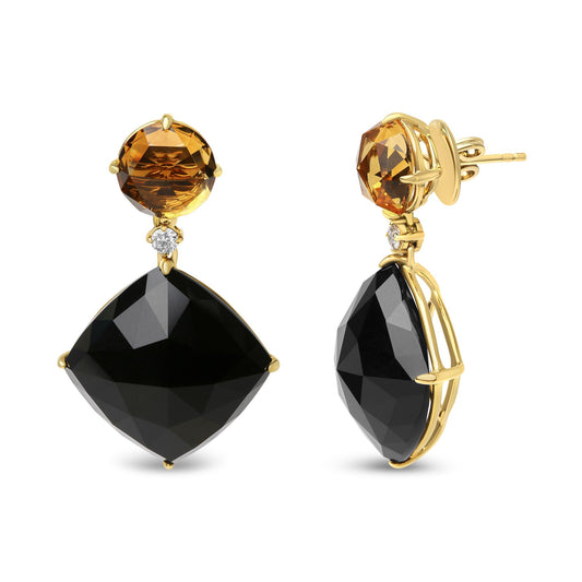 Front and side views of yellow metal earrings featuring a round yellow gemstone at the top, a small white gemstone below it, and a large cushion-shaped black gemstone hanging at the bottom.
