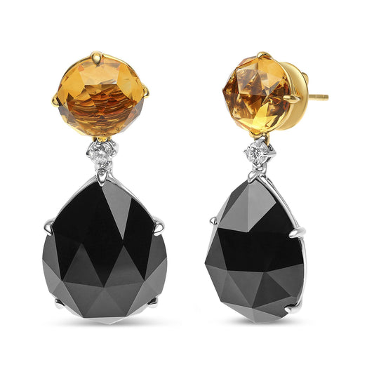 Front and side view of drop earrings featuring round yellow gemstones with prong settings, small round white gemstones, and large pear-shaped black gemstones in a 4-prong setting.
