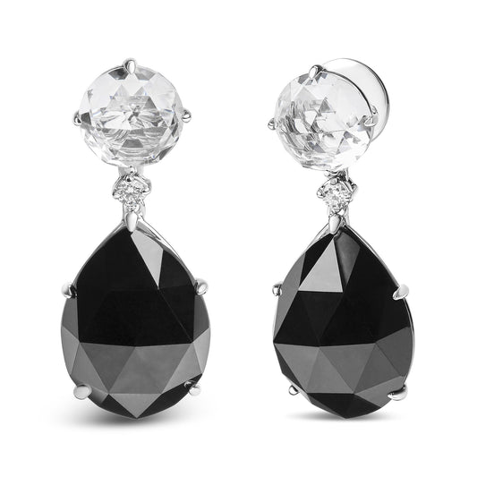 Pair of white metal earrings shown from the front and side angles, featuring round white gemstones at the top, small round white gemstones beneath, and large pear-shaped black gemstones hanging below.