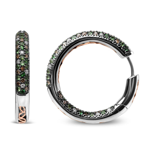 Close-up front and side views of white metal hoop earrings with round green, brown, and white gemstones in prong settings.