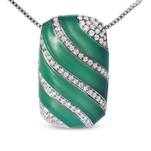 Close-up front view of a white metal necklace with a rectangular pendant featuring diagonal green insets bordered with rows of white gemstones in prong settings.