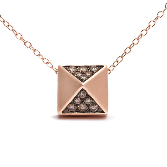 Front view of a rose-colored necklace with a square pendant featuring two triangular sections inset with round, brown pave-set gemstones.