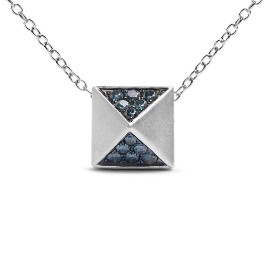 Front view of white metal necklace with square pendant featuring two triangular sections set with round blue gemstones in a pave setting.