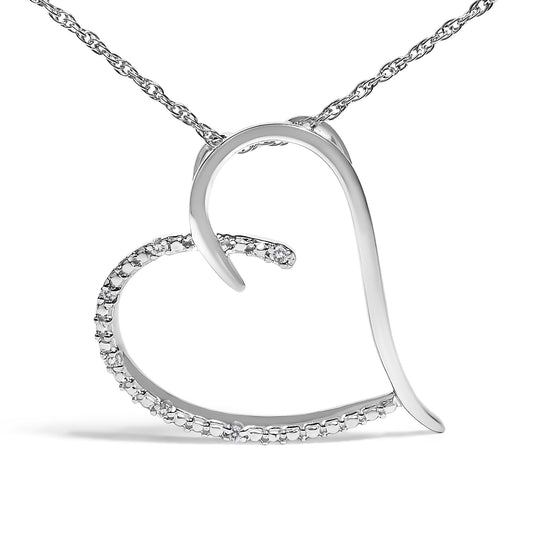 White metal heart-shaped necklace pendant with partial round white gemstones in prong setting, shown from front angle.