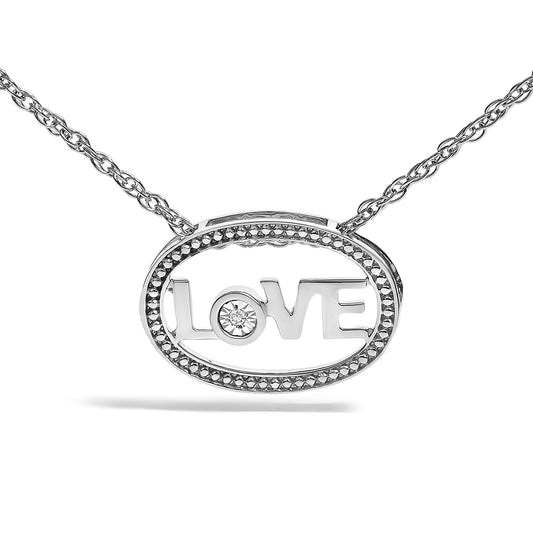 Front view of a white metal necklace with oval pendant shaped like the word 'LOVE' and a single round white gemstone in the letter 'O'.
