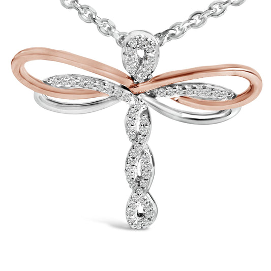 14K Rose Gold Plated Sterling Silver 1/10 Cttw Diamond Dragonfly Pendant Necklace