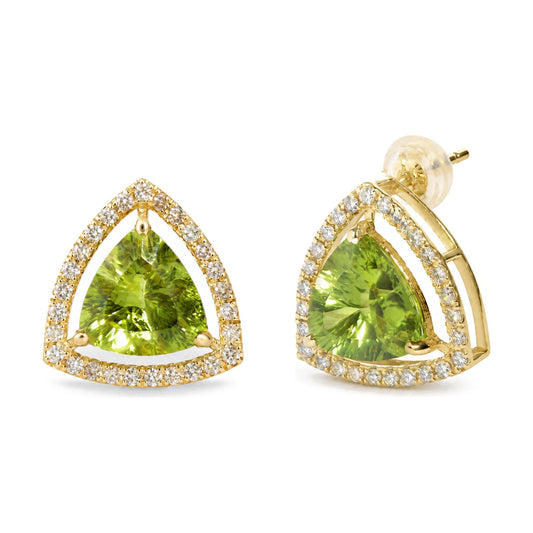 Close-up front and side angle of pair of yellow metal earrings featuring triangular green gemstones surrounded by round white gemstones in prong settings.