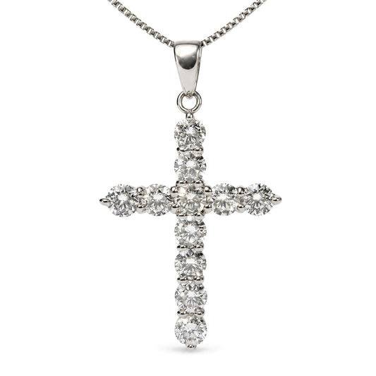 Angled view of 18K white gold cross pendant necklace with prong-set round lab-grown diamonds