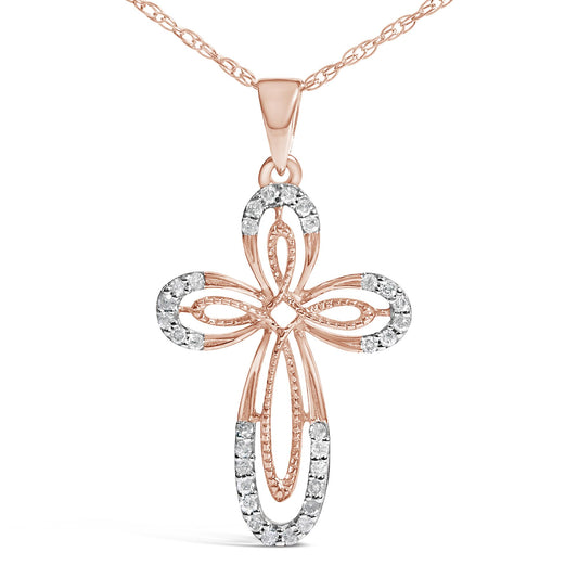 Front-facing rose-colored cross necklace pendant with openwork design and prong-set round white gemstones on outer edges.