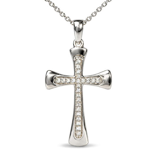 Front view of .925 sterling silver 1/10 Cttw round diamond cross pendant necklace showcasing round diamonds