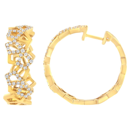 Close-up front and side views of yellow metal hoop earrings with white gemstones in pave setting forming open geometric shapes.