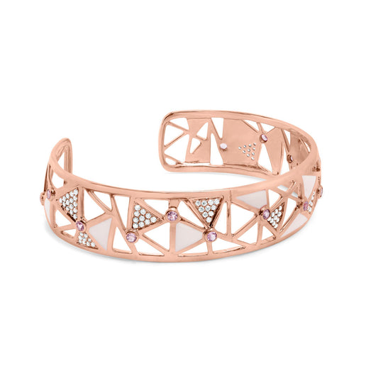Open rose-colored bracelet with triangular cutouts, decorated with round white pave gemstones and round pink bezel-set gemstones, shown at a slight angle.