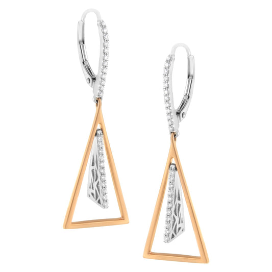 Pair of white and rose metal earrings with triangular open frame design, featuring a smaller geometric element with pave-set white gemstones; front-facing view.