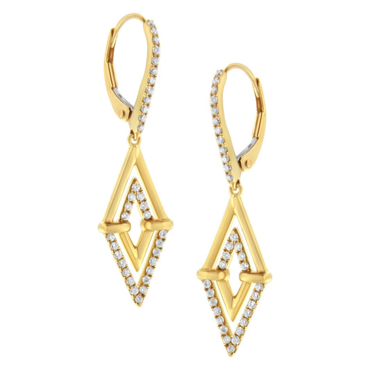 Front-facing view of yellow metal drop earrings with an open diamond-shaped design accented with white round pave-set gemstones along the edges and on the lever-back closure.