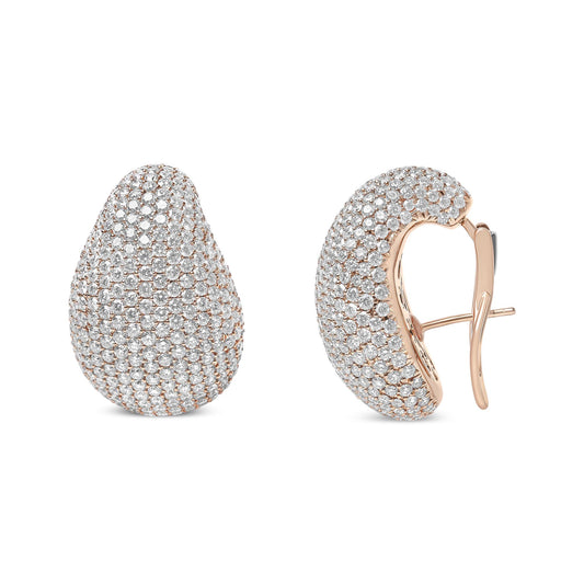 Pair of rose metal earrings with pavé set round white gemstones, shown from front and side angles.