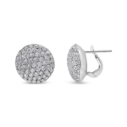 Pair of white metal round stud earrings with multiple small white gemstones in shared prong setting, shown from front and side angles on a white background.